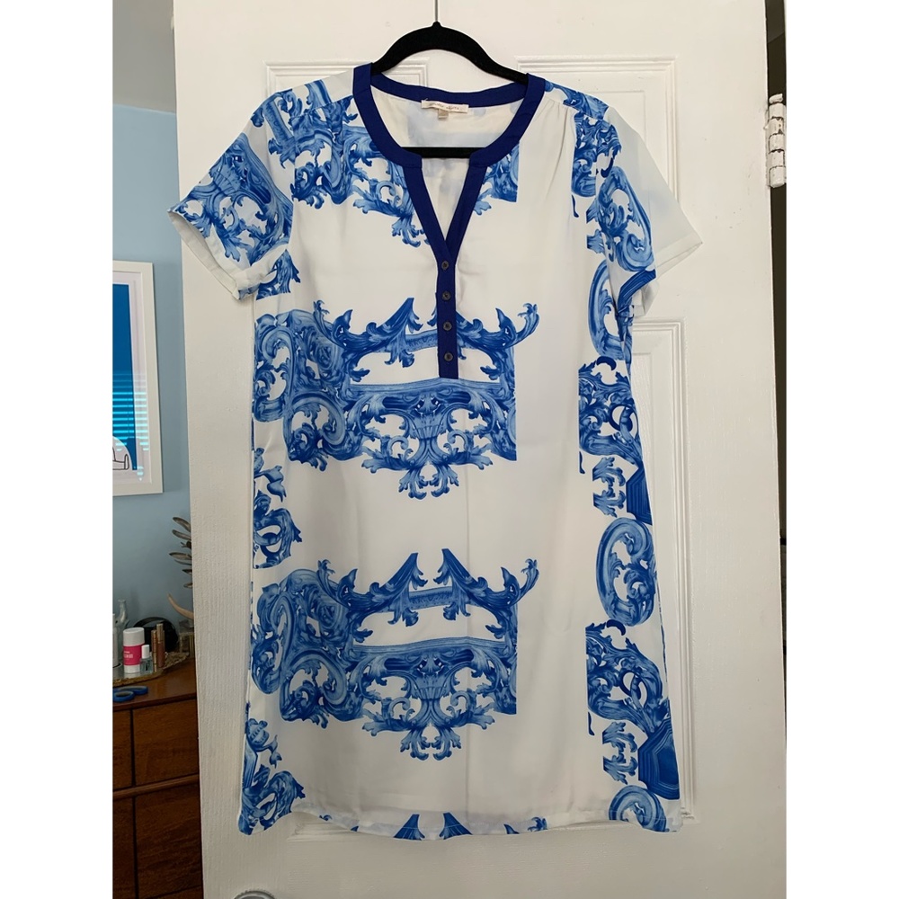 Under Skies Blue & White Print Mini Dress